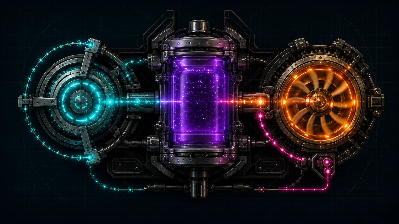 ARC//FORGE machine with a cyan generator, purple energy chamber, and orange processor