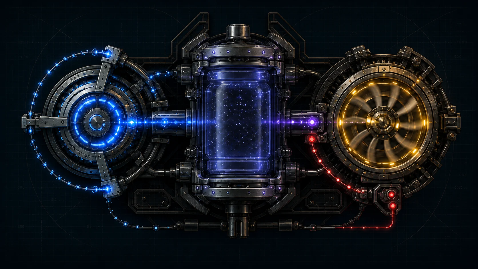 The ARC//FORGE machine in a later blue, violet, and amber energy state