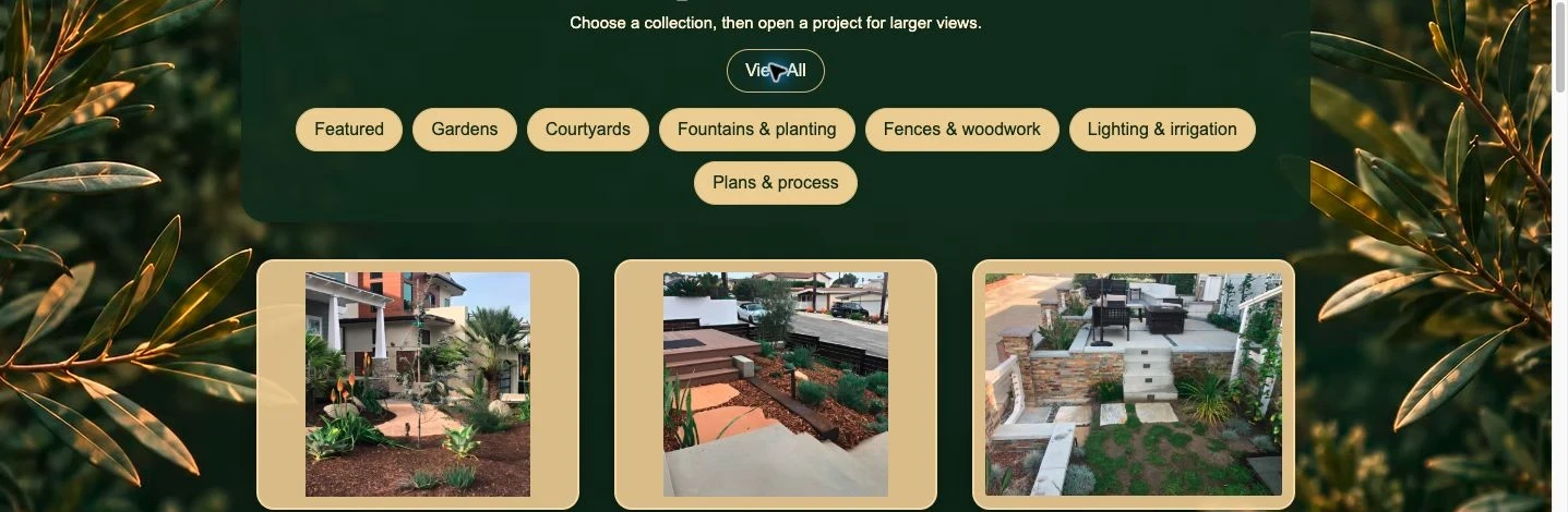 The custom Helix gallery showing collection filters and Avenue Redux, Slopestyle, and Walkstreet project tiles
