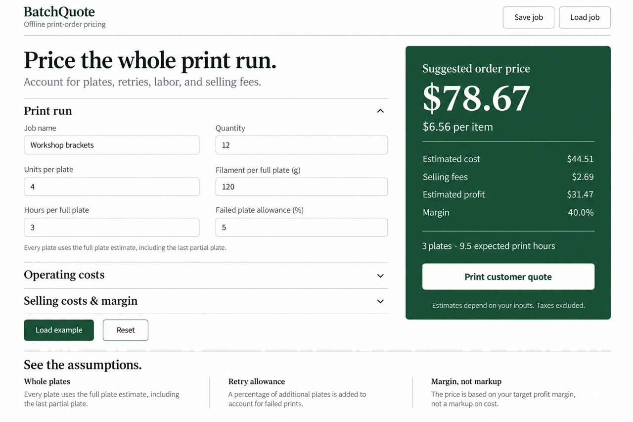 BatchQuote offline print-order pricing interface showing an example workshop-bracket job, cost inputs and estimate