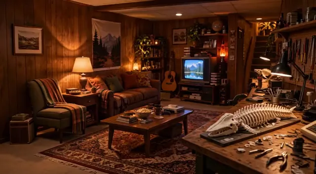 Warm, wood-paneled basement hangout with a sofa, CRT television, and maker workbench. The scene is generated artwork, not Brian's home.