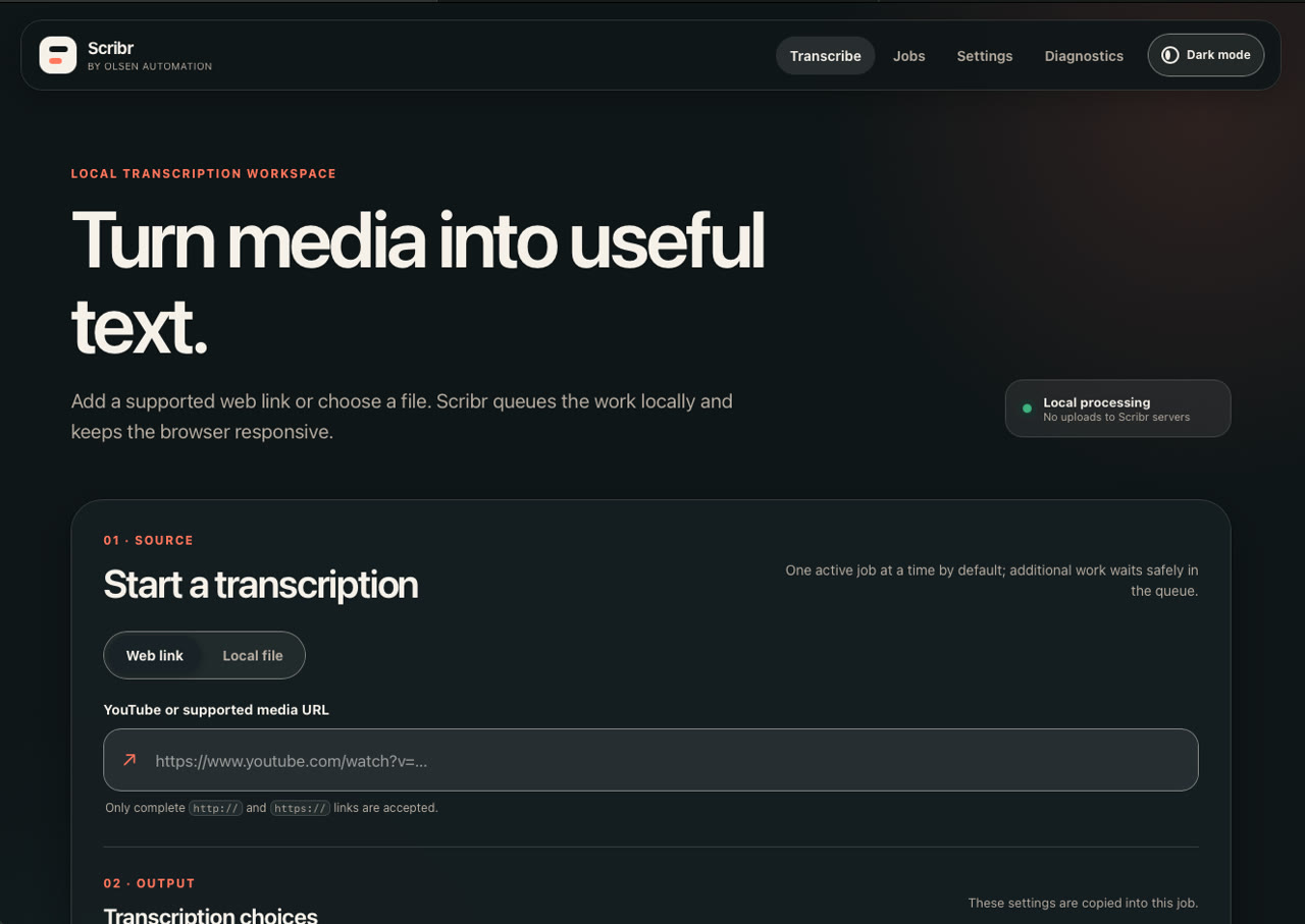 Scribr’s dark transcription interface with an empty source field and local processing status