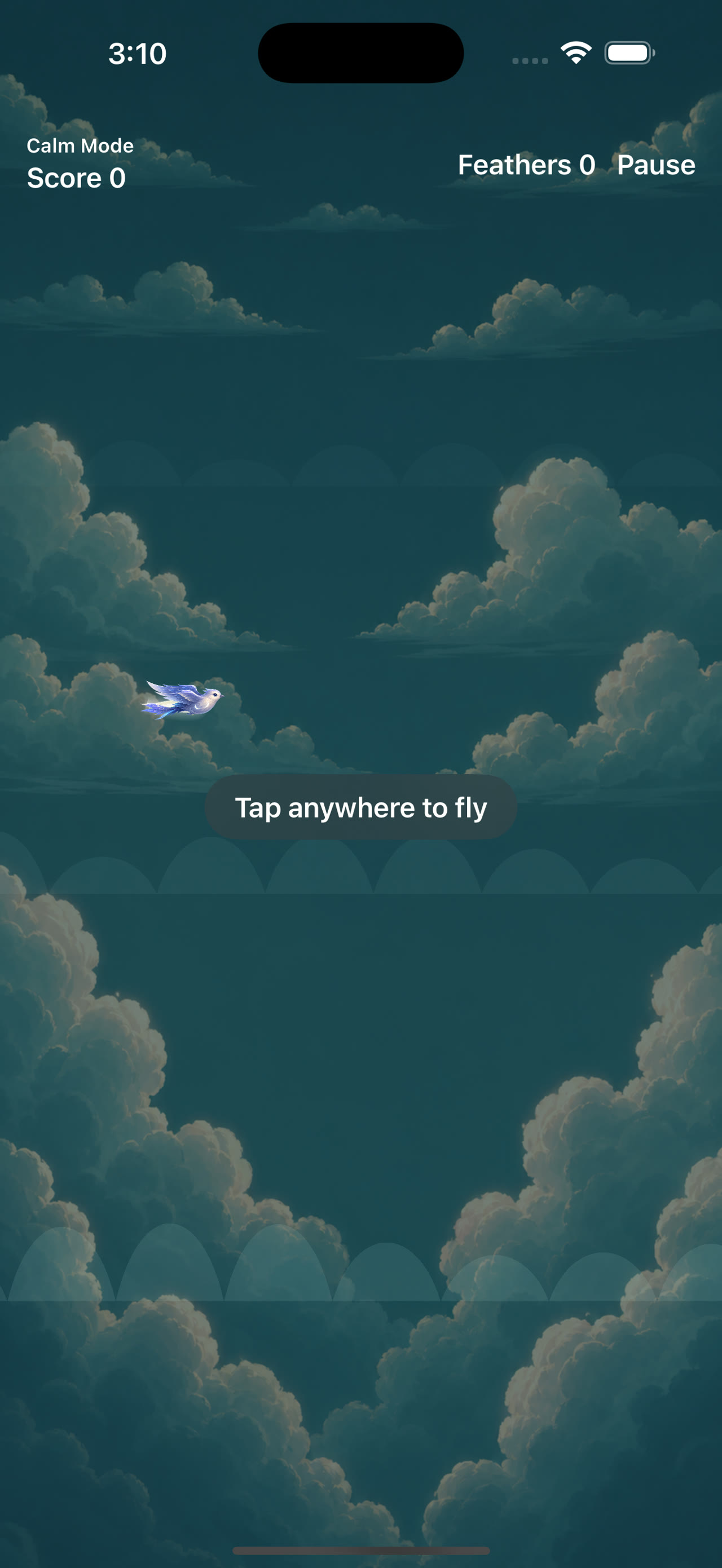 Wing and Light calm-mode screen with a glowing bird, cloud tunnel and tap-anywhere instruction