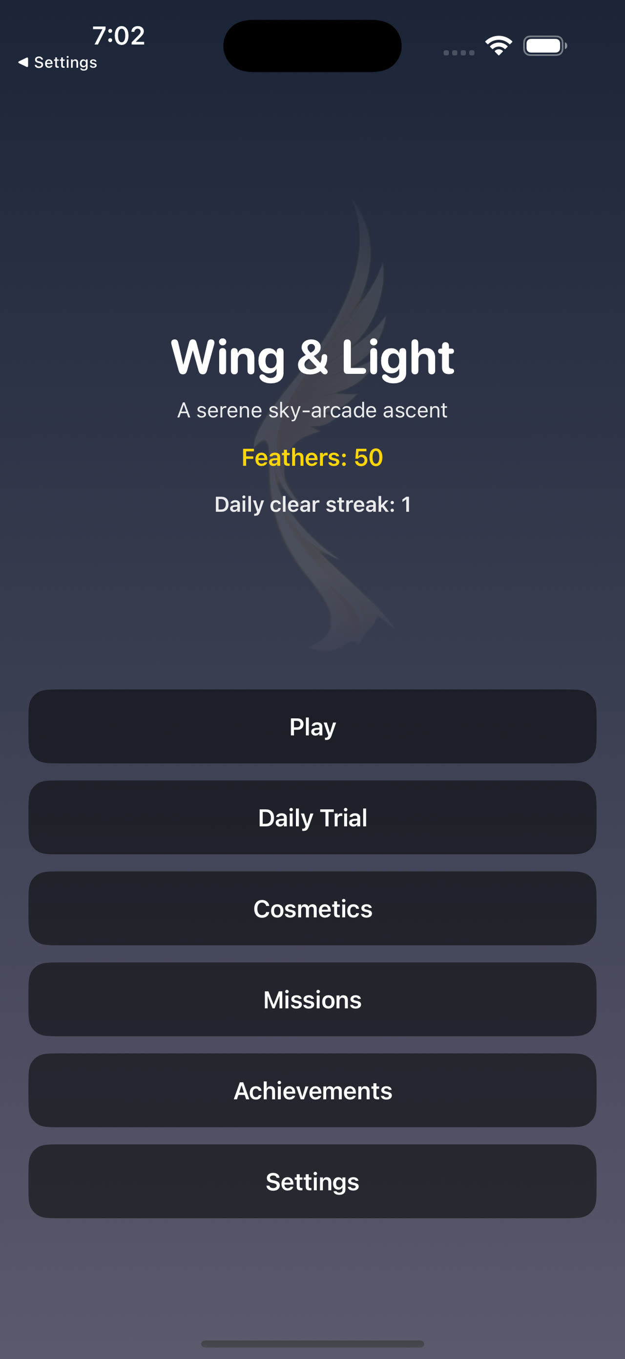 Wing and Light home screen with Play, Daily Trial, Cosmetics, Missions, Achievements and Settings controls